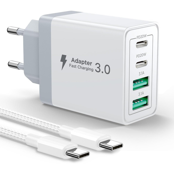 Мережевий адаптер USB-C на 4 порти з кабелем USB-C на USB-C 2м, 40W, PD 3.0, для iPhone, Samsung, смартфонів