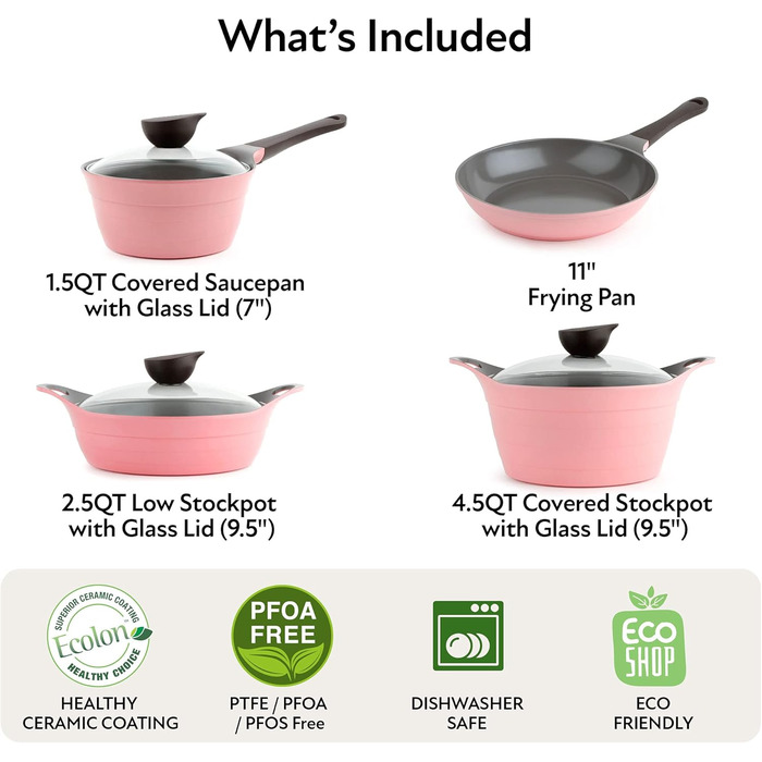 Набір посуду Neoflam Eela 7-Piece з керамічним покриттям, антипригарний, з кришкою, з ручкою, для плити, рожевий