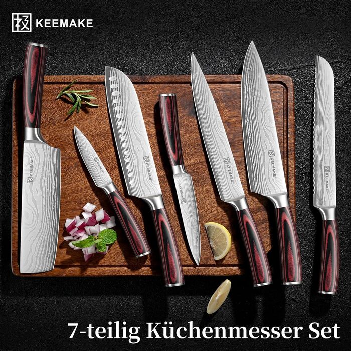 Професійний набір кухонних ножів KEEMAKE (5 предметів) з японської сталі та руків'я з паккавуду: Сантоку, ніж для хліба та аксесуари в подарунковій коробці
