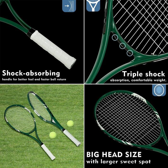 Beginner Tennis Racquet Set for 2 Players - Pre-Strung 27 Inch Adult Racquets with Balls, Overgrips & Carry Bag