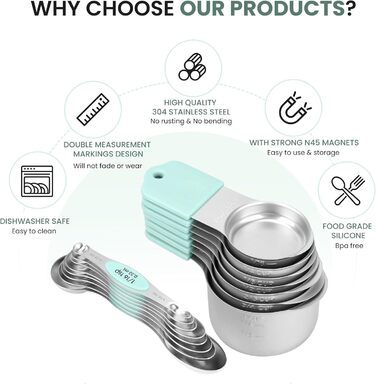 Magnetic Measuring Cup and Spoon Set, Durable 304 Stainless Steel, Double Measuring Markings, 16-Piece Set, with Leveler for Measuring Dry and Liquid Ingredients, Mint Green