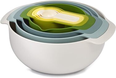 Joseph Joseph Nest 9 Plus, 9-Piece Compact Food Preparation Set with Colander and Colander Liner, Measuring Cup – Opal