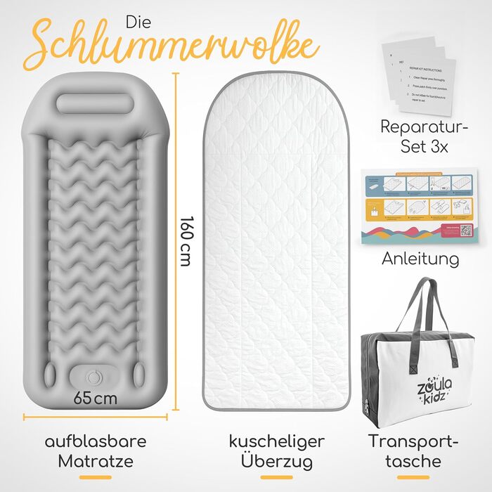 Надувне дитяче ліжко для подорожей - ліжко з захистом від падіння та інтегрованим насосом - Портативне дитяче ліжко з тканиною Oeko-Tex - Ідеально для кемпінгу, готелів та дому