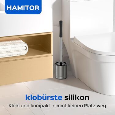 Набір для туалету Hamitor: щітка для унітазу з силікону та нержавіючої сталі, настінний монтаж без свердління, швидковисихаючий тримач, сріблястий