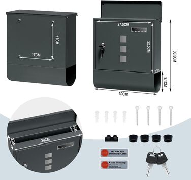 Поштовий ящик WOLTU з газетницею та вікном для імені, замиканий, 2 ключі, антрацит, 30.5x33.5x9 см
