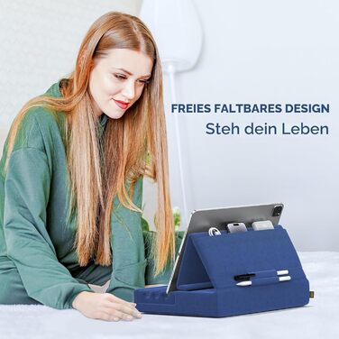 Тримач-подушка для планшета KDD, складана підставка для iPad Pro 12.9, 10.5, 9.7, Air, Mini, електронних книг — для ліжка, колін та робочого столу, з кишенею та тримачем для стилуса (Синій)