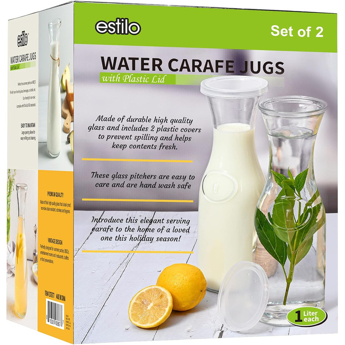 Glass Carafe Style 1 Liter with Lid for 1 Liter (2), Water, Juice, Tall Slim Neck Design, 935 ml, 2 Pieces, Transparent