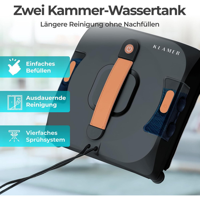 Робот для миття вікон KLAMER 3500 Pa: автоматичний очищувач з резервуаром для води 100 мл, режим вологого очищення, виявлення країв, тихий (60 дБ), захист від падіння, смарт-планування (Чорний)