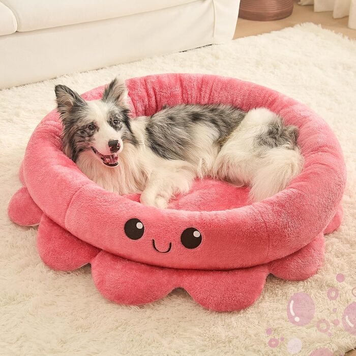 Кругле ліжко для собак та котів XL, рожево-червоне, Boho стиль, з м'яким знімним подушечкою, ліжко-антистрес для великих собак