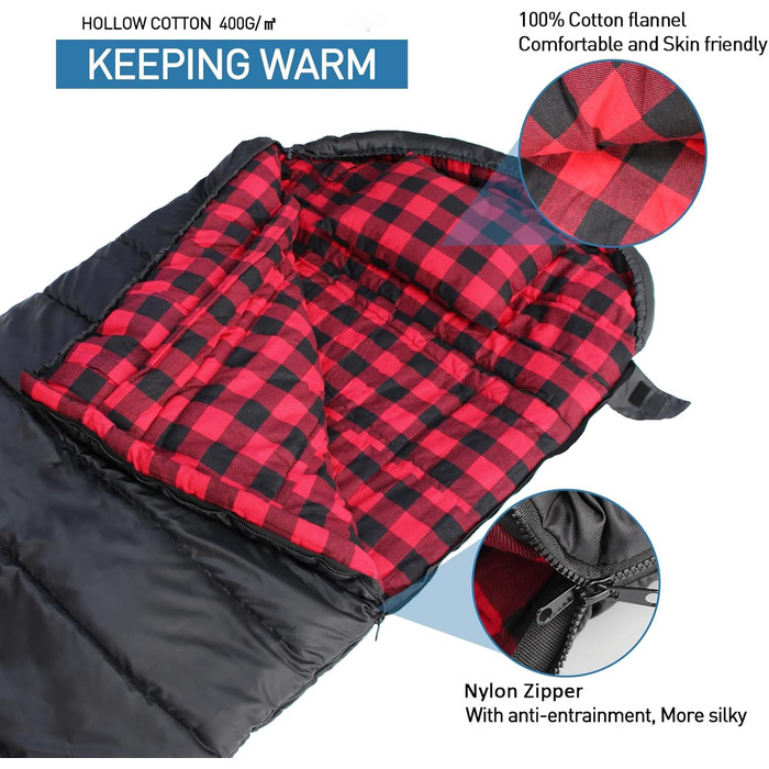 Спальний мішок Outdoor Flanell Warmer для туризму та кемпінгу. Бавовняне внутрішнє утеплення, до -1°C, XXL, 230x90 см, чорний, зима, дорослий