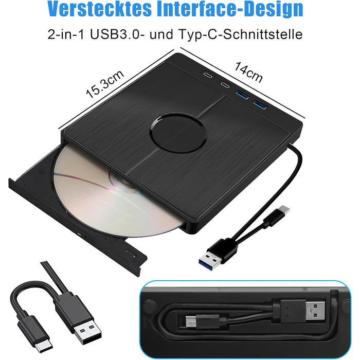 Зовнішній CD/DVD привід 9-в-1 для ноутбука та ПК, USB 3.0 з картридером SD/TF, портативний DVD-записувач для Windows, macOS, Linux