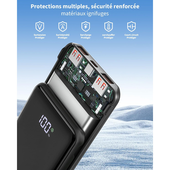 Портативний зарядний акумулятор Power Bank 20000mAh з швидкою зарядкою 22.5W, LCD дисплеєм, 1 USB-C, 2 USB-A для iPhone 17/16/15/14/13 та смартфонів, чорний