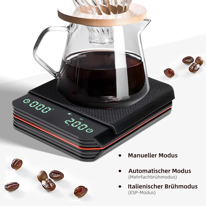 Кухонні ваги Carehabi з таймером, 0.1г, прецизійна вага для еспресо, 2 кг, з силіконовим підігрівачем, перезаряджувана