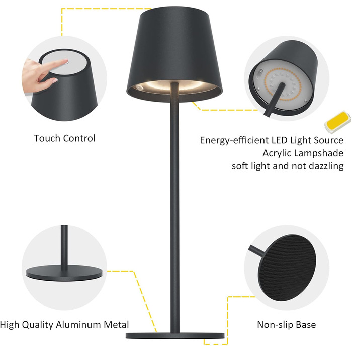 Настільна світлодіодна лампа K-Bright акумуляторна, димована, 2 шт., RGB, USB-C, алюмінієва, водонепроникна IP54, антрацит