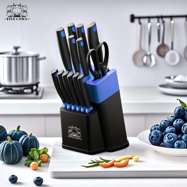 Набір кухонних ножів FIVE COWS (14 предметів) з самозаточуванням, з ножем для стейка та ножицями, синій