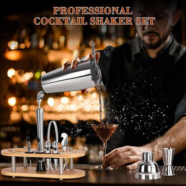 Набір для коктейлів FoiiLiio 12 шт. з шейкером 750 мл та аксесуарами для бару, нержавіюча сталь, з бамбуковим підставкою для дому, SHAKER-12P