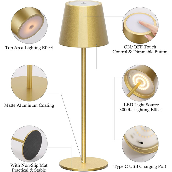 Klighten 2 шт. LED Диммерні акумуляторні настільні лампи бездротові, перезаряджаються, тепле світло 3000K, для внутрішнього та зовнішнього використання з USB-C, алюміній, IP54 водонепроникні, 2 шт. (Золотий, 2 шт.)