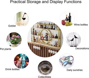 Настінна вітрина для вина з металу, 140 см, з утримувачем для келихів та LED-підсвічуванням, для бару, вітальні, кухні, чорний/золотий