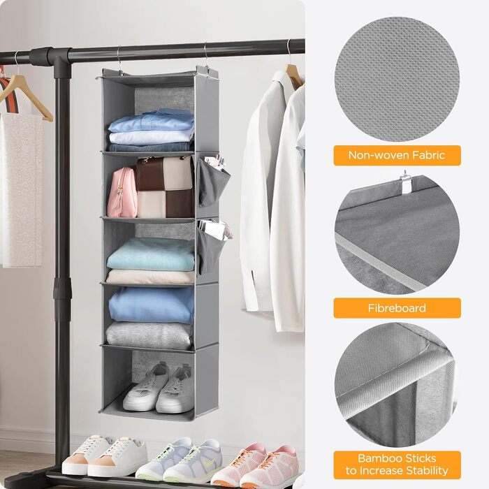 Органайзер для шафи Cozary з 5 відділеннями, складаний, з металевими гачками - сірий