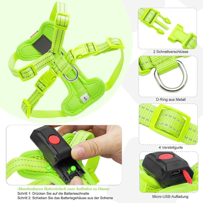 Світловідбиваючий нашийник для собак PZRLit з LED підсвічуванням, зарядний, для маленьких собак, XS, для безпечних прогулянок вночі (зелений)