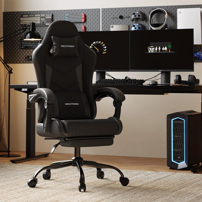 Геймерське крісло Nexthra Ergonomisch з підставкою для ніг, до 180 кг, чорне. Офісне крісло для геймінгу та роботи, регульована спинка 150°