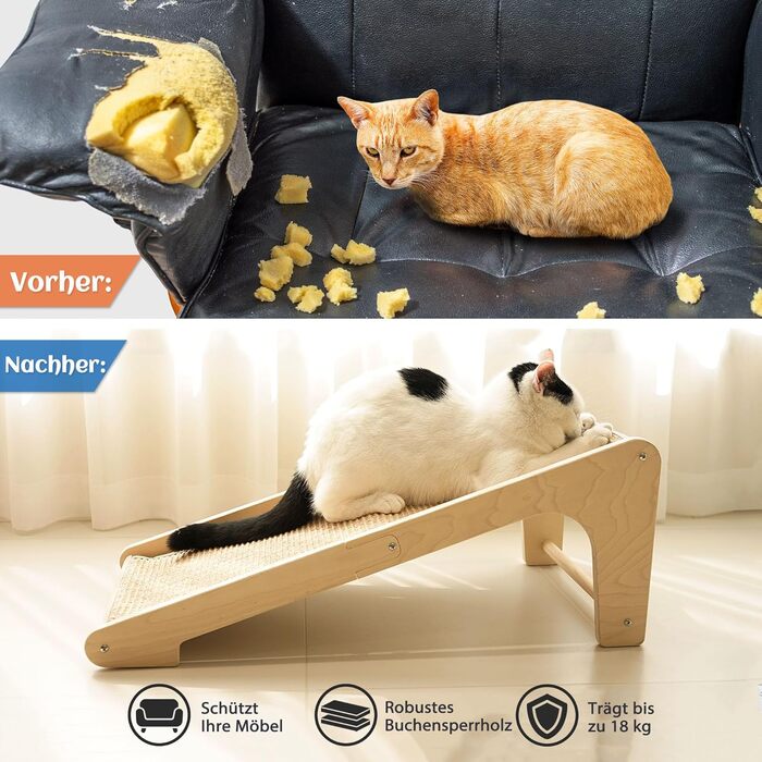 PETKARAY Дряпка для котів, L-подібна дряпка з сизалю, 68 см, 2-в-1, для стіни та кута (з котячою м'ятою, іграшка-мишка), бежевий