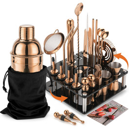 Набір шейкер для коктейлів KINGROW 29 предметів: барменський набір з обертовим стендом | Набір для приготування напоїв з аксесуарами для дому, бару, вечірки | Золотий