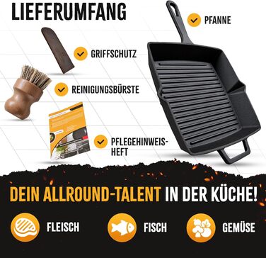 Чавунна гриль-сковорода емальована 26 см, з рифленим дном для стейків, підходить для всіх плит