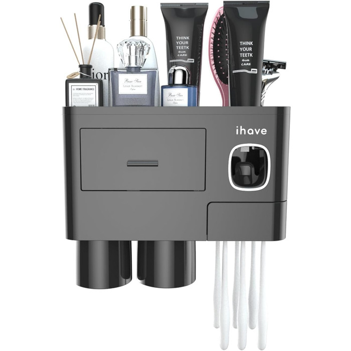 iHave Toothbrush Holder Wall Mount Black, Bathroom Toothbrush Holder with Toothpaste Dispenser, 2 Cup Toothbrush Holder with Drawer, Large Capacity Toothbrush Organizer Bathroom