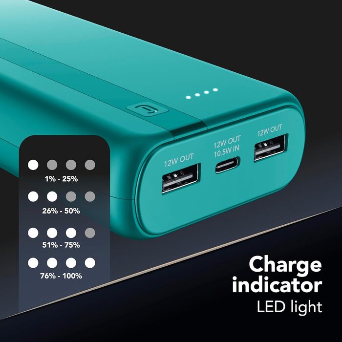 Power Bank Cellularline 20000 mAh з USB-C та 2x USB-A, LED-індикатор, Зелений