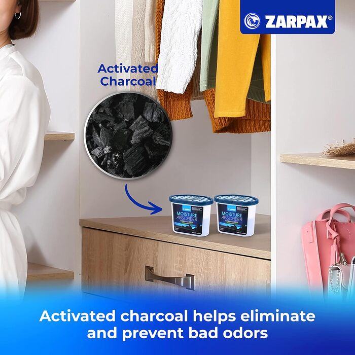 ZARPAX осушувач повітря з активованим вугіллям 300 г, поглинач вологи та запахів для ванної, шафи, кухні, 4 шт.