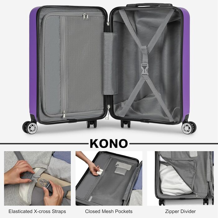 Чемодан-валіза KONO з розширенням, жорсткий, легкий, XL, з TSA-замком та 4 колесами, 75x47.5x29.5 см (M(55x35x22 см), фіолетовий)