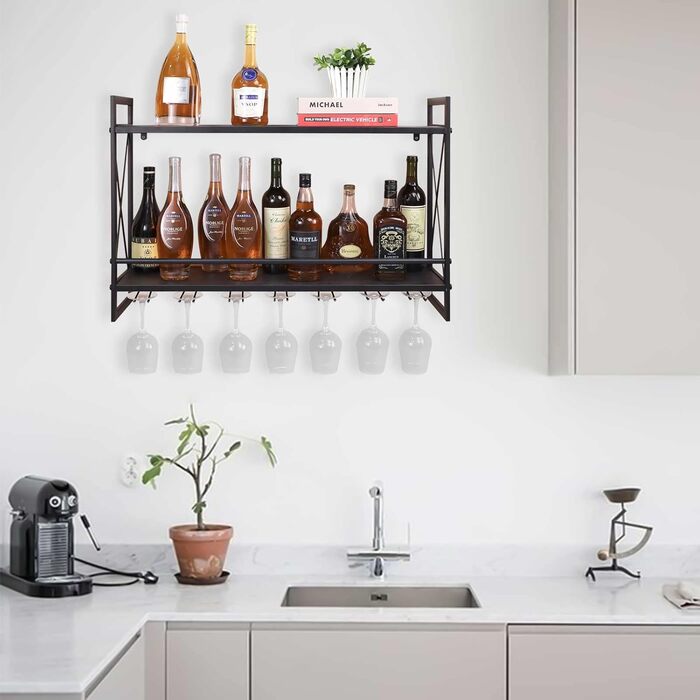 Industrial Wall Wine Racks with Glass Holder, 31.5 Inch Rustic Metal Multi-Purpose Shelves, 2-Tier Wall Mount Hanging Shelf, Wine Rack, Wine Accessories, Bottle Holder, Glass Shelf, Wall Shelf