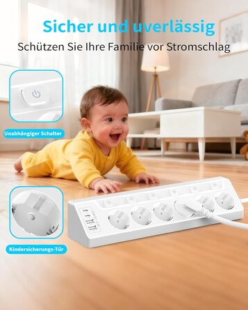 Розподільник розеток з захистом від перенапруги, 6 розеток, USB-C, 2м кабель, 4000W, 16A, для кухні, дому, офісу (білий)