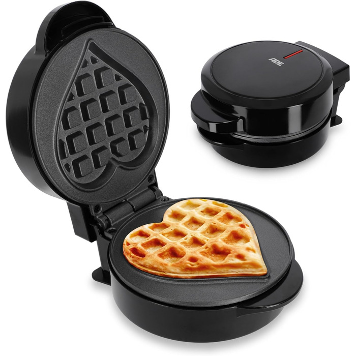 Вафельниця ADE Mini Heart Shape - вафлі у формі серця, 550W, антипригарне покриття, чорний, 2024