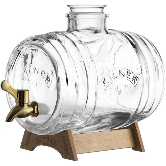 Kilner Drink Dispenser Barrel with Tap, Measuring Cup, and Wooden Stand, 3.5 Liters, Glass/Metal, Dimensions: 32 x 17 x 19.6 cm