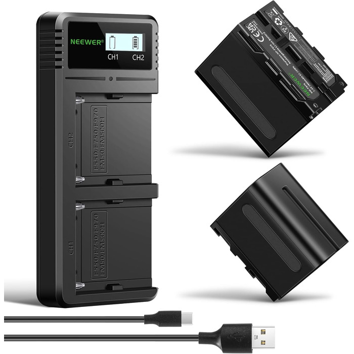 Зарядний пристрій NEEWER Dual USB з 2 шт. акумуляторами 6600mAh NP-F970 та швидкою зарядкою, сумісний з Sony NP-F970/F960/F950/F770/F750/F570/F550, Handycam, NEEWER LED-ліхтарі, моторизовані слайдери