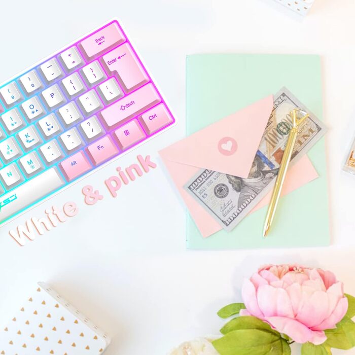 Комплект ігрового аксесуара 4 в 1: Клавіатура, миша, навушники та килимок для миші. Біло-рожевий