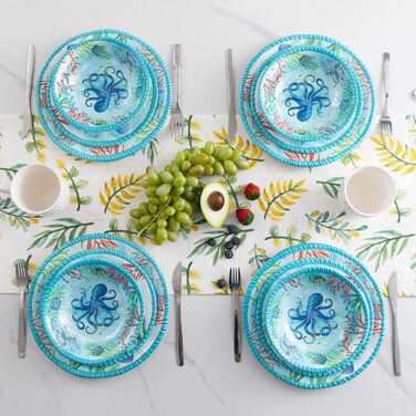 Набір посуду з меламіну, 12 предметів: 4 тарілки та миски, для дому, кемпінгу, BPA-free, безпечний для миття в посудомийній машині (Тропічний океан)