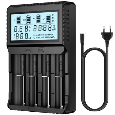 Зарядний пристрій POWXS Universal для акумуляторів 18650 Li-ion/Ni-MH/Ni-Cd з LCD-дисплеєм та тестуванням (4 слоти)