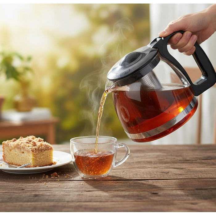 Чайник VIVIANA зі скла та нержавіючої сталі з ситом, 1500 мл, для листового чаю, з нержавіючою ручкою, сумісний з посудомийною машиною