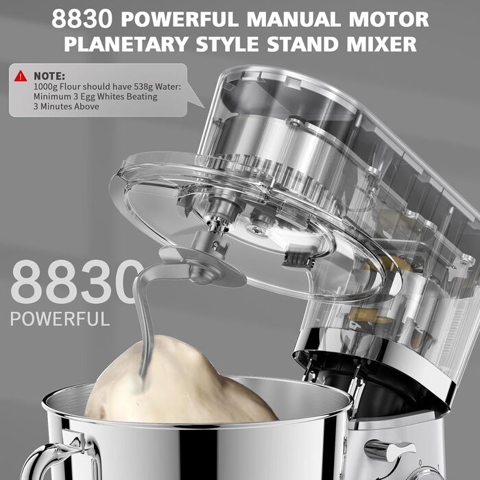 Міксер кухонний POWWA 6.2L: планетарний міксер, 6+1 швидкості, 1500W, з набором насадок (міксер, гак для тіста, вінчик) та захистом від бризок, срібний