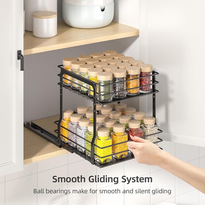 Висувна полиця для спецій, 2 яруси, органайзер для кухні, регульована висота, металева, чорний (26.4 x 12.5 x 24.3 см)