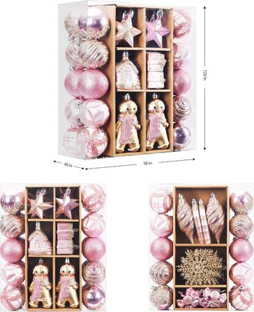 Набір прикрас на ялинку Shareconn 65 шт. - пластикові ялинкові кулі, міцні, з мотузкою, різні розміри та кольори (червоний, білий, рожевий, золотий)