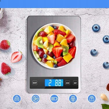 Електронні кухонні ваги з LCD-дисплеєм, 15 кг/1 г, нержавіюча сталь (батарейки в комплекті)