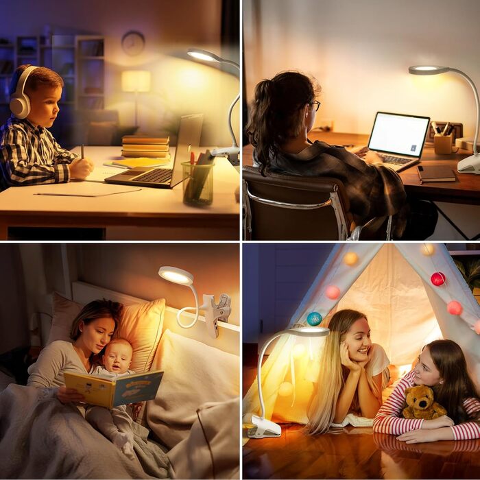 LED лампа для читання Akynite з акумулятором, 5 кольорів та 5 рівнів яскравості, кріпиться на ліжко, дитяча лампа для пеленального столика, біла