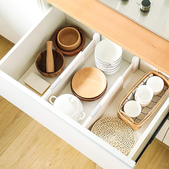 Lawei 4-Pack Adjustable Drawer Dividers Organizer Separators for Bedroom, Bathroom, Dresser, Closet, Baby Drawer, Desk, Kitchen - White