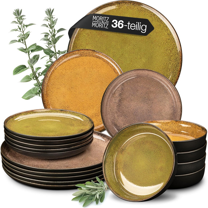 Moritz & Moritz VIDA Dinnerware Set - 12 Place Settings, Vintage - 36-Piece - Modern Porcelain Dinnerware Set - Scratch-Resistant, Microwave & Dishwasher Safe, Dinnerware, Tableware Service, Combination Service for 12 People