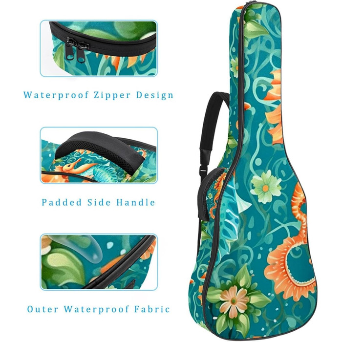 Чохол для акустичної гітари, 104 см, з регульованим плечовим ременем, Gigbag, Ocean Flower Seahorse, водовідштовхуючий, Oxford-тканина, товстий шар губки