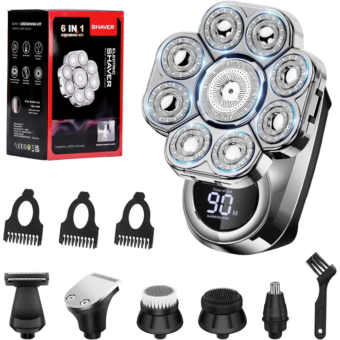 Електричний гоління для чоловіків Glatzen 9D – гоління голови, мокрого та сухого типу, водонепроникний, з LED дисплеєм, блокуванням від подорожей, набір для догляду з 6 насадками для обличчя та тіла